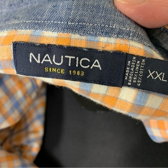 Nautica Blue Orange Plaid Linen Blend Casual Button Down Shirt Long Sleeves XXL - Picture 9 of 12